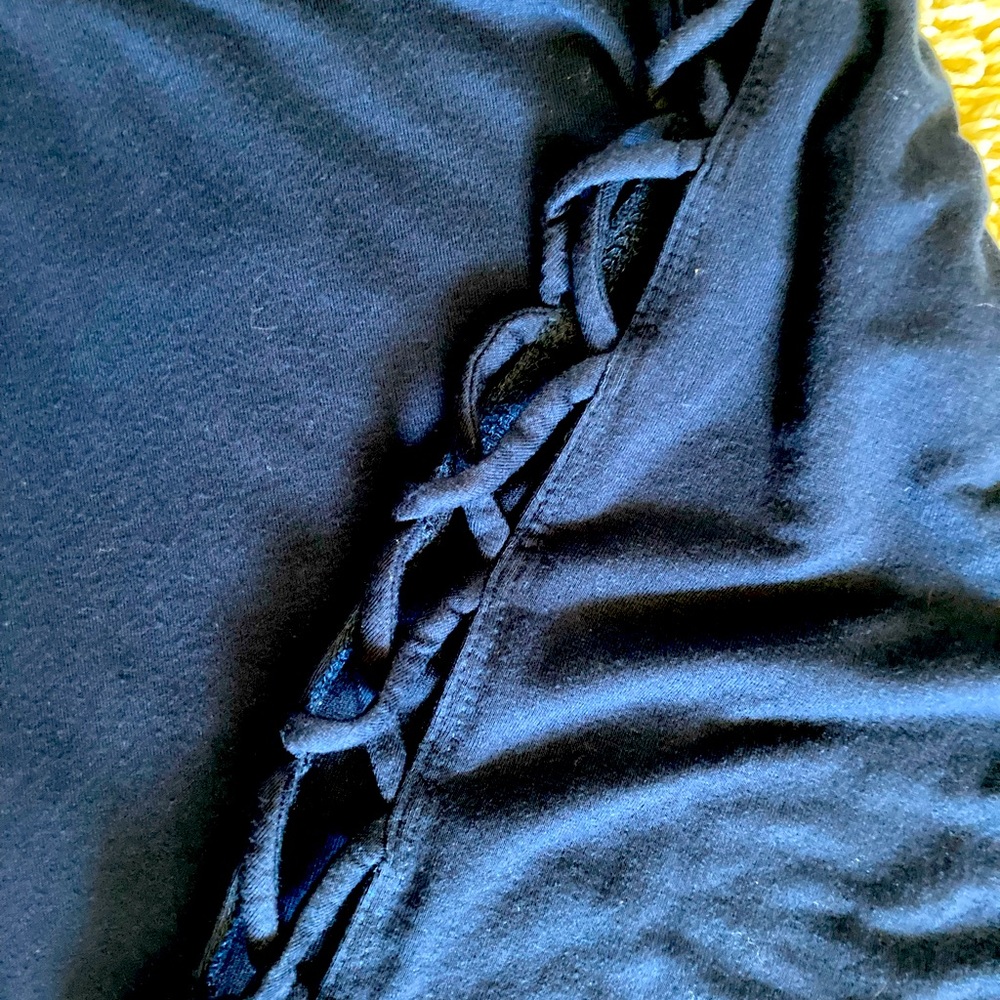 Navy blue long lattice sleeve cotton shirt
